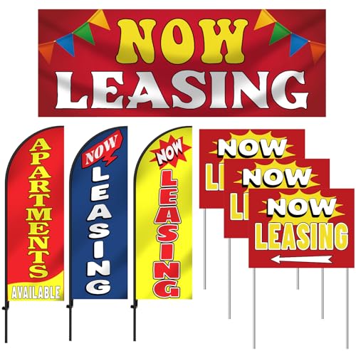Tranqun 7 Pcs Now Leasing Feather Flags with Pole 7 ft Now Leasing Banner 8 x 11 ft and Yard Sign with Stake 15 x 11 Inch for Outdoor Business Apartment Stores Decoration