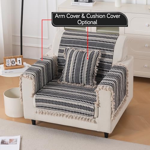 Image of HOKIPO 'Artisan Boho Series' 450 GSM Sofa Cover with Tassels | Multicolor Cotton Acrylic Jacquard Slipcover for 1 Seater Sofa, Size 152x60 cm, Charcoal Black (IN-907-A3)