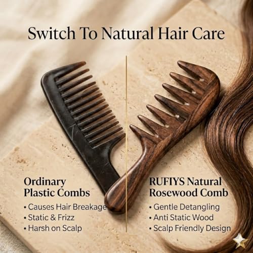 Image of Anti-Hair Fall Indian Rosewood Wooden Comb for Hair - Anti Static Sheeham Wood Comb - Extra Wide Tooth Natural Hair Comb for Men & Women - Handmade Detangling Comb for Curly , Thick & Long Hair - Anti Frizz Scalp Massage - Pack of 1