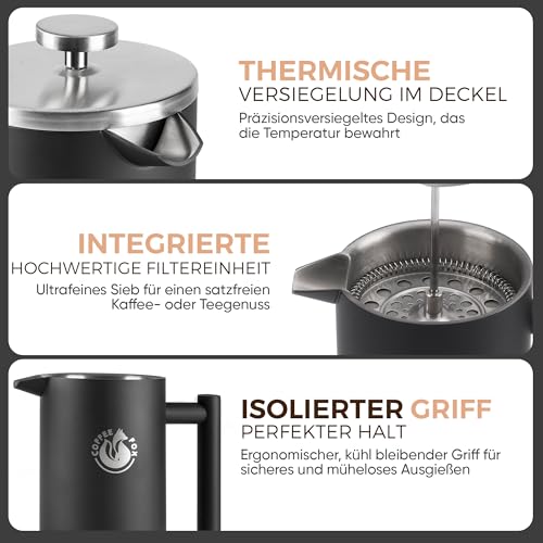 Coffee Fox® French Press 1 Liter Edelstahl, doppelwandiger Kaffeebereiter – Ansicht 5