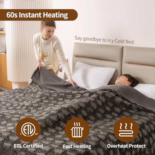 Image of Bearhug Heated Blanket King Size, 100 inchx90 inch Dual Control Electric Blanket with 10 Heat Levels & 1-12H Auto Off, Gray Floral Faux Fur & Sherpa Bed Warmer for Couples, ETL Certified, Machine Washable