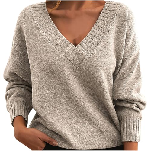 Long Sleeve Sweaters for Women Fashion Deep V Neck Knit Pullover Sweater Tops Casual Loose Fit Plain Jumper Knitwear
