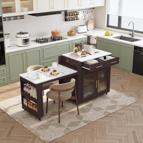 Image of HLR 72 inch Extendable Rolling Kitchen Island with Storage, Island Table on Wheels with Marble Grain Countertop & Power Outlet, Portable Island Cart with Cabinets, Drawers and Shelves, Brown