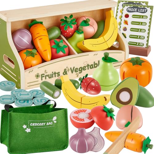 BUYGER Jouet Bois Fruits et Légumes à Découper, Cuisine Enfant en Bois pour Enfants, Accessoires Marchande avec Comptoir, Cadeau Noël pour Fille et Garçon 2 3 4 5...