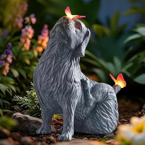 DyBaxa Garden Dcor Garden Statues Gifts for Women Mom Grandma Patio Balcony Yard Decorations Outdoor - Unique Solar Decor Birthday & Housewarming Gifts Dog Statue with Butterfly Light