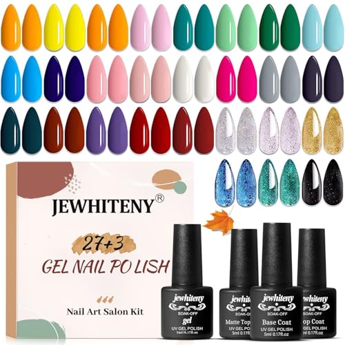 JEWHITENY 30PCS Nail Polish Kit 27 Colors Green Blue Pink Orange Gitter Sock Off Gel Polish with...
