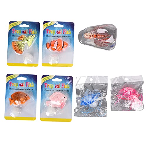 FRTHVB 7 Piezas de Decoraciones flotantes para acuarios, Conjunto de Peces Artificiales de Silicona para acuarios, Adornos Coloridos de león de simulación con Ventosa para Tanques de