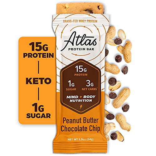 Atlas Protein Bar, Keto snack, Breakfast, Pre/Post workout, Organic Ashwagandha, Grass Fed Whey, Low Sugar, Low Carb, Gluten Free, 10 pack, Peanut Butter Chocolate Chip