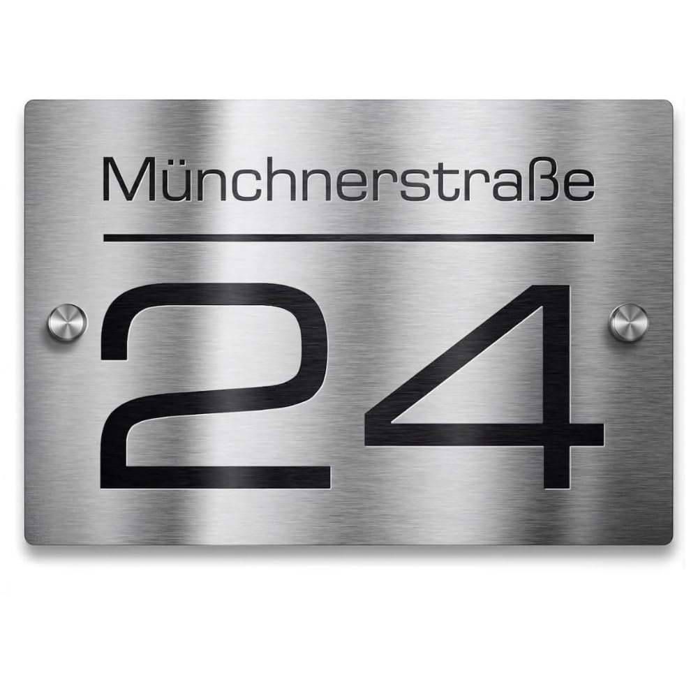 Pixadruck Edelstahl Hausnummer - Hausnummernschild mit Gravur Straßenname, Name und Wunsch-Nummer - V2A Look - UV-beständig (Edelstahl, 160 x 110 mm)