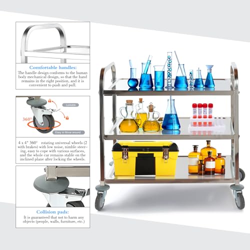 Aqniegep SSUC001 Utility Carts With Wheels Stainless Steel Cart 3 Tier Kitchen Cart Lab Medical Matel Cart With Lockable Wheels thumb #1