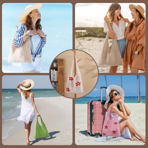 Image of Premillow Crochet Beach Tote Bags, Stylish Mesh Beach Bags Shoulder Bag for Women, Cute Summer Vacation Boho Tote Bag