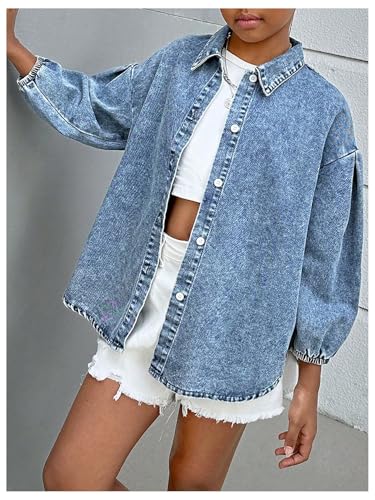Floerns Girl's Y2k Denim Jacket Bishop Sleeve Button Down Baggy Jean Trucker Jacket4