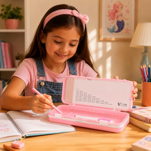 Image of WISHKEY Unicorn & Mermaid Pencil Box for Kids Large Capacity Double-Sided Pencil Case with Multiplication Table Secure Lock Spacious Compartments Cute School Stationery Box for Girls Multicolor