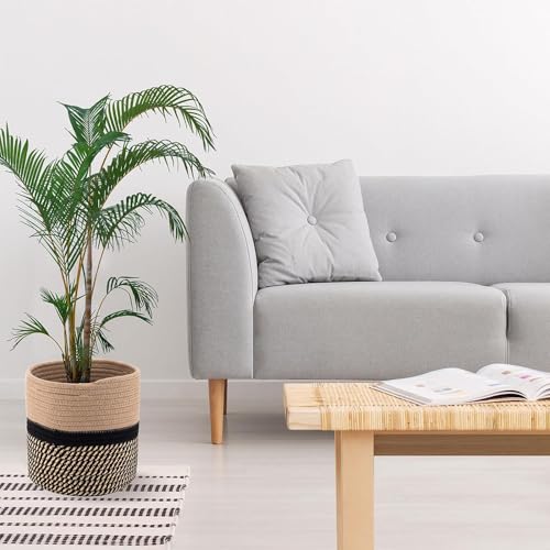 Accmuzzy 30cm Plant Pots Indoor,Cotton Rope Woven Basket House Planter Indoor Plant Pot Floor Standing Large Flower Pots Indoor,Foldable Laundry Storage Basket Home Decoration (Yellow&White) - Image 3