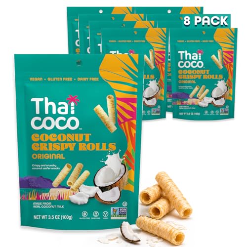 Thai Coco Original Crispy Coconut Rolls 8 Bag (3.5 oz each) - Organic Tropical Snack, Vegan, Gluten-Free, Dairy-Free, Non-GMO, Light Fluffy Healthy Snack