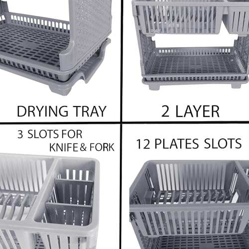 Image of Kuber Industries Dish Rack | Plastic Dish Rack With Drainer | Drying Basket With Tray | Kitchen Drying Rack With Tray | Bartan Stand For Kitchen | Bartan Jali Rack | Gray, 48X29X40 Cm