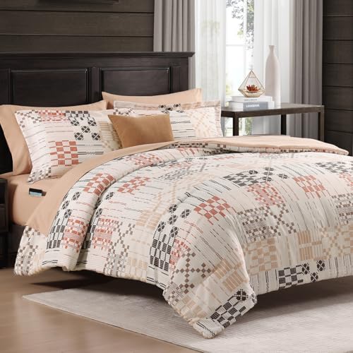 Image of MaiReve Queen Comforter Set, Classic Plaid Farmhouse Bedding Sets 7 Pieces, Beige All Season Bed in A Bag with Sheets, Pillowcases & Shams
