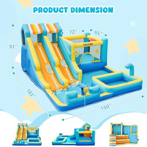 FINCOME Inflatable Bounce House, 10 in 1 Double Water Slide Bounce House with 750W Blower, Climbing Wall, Jumping, Water Gun, Splash Pool, Basketball Hoop for Kids Indoor Outdoor Backyard - 5