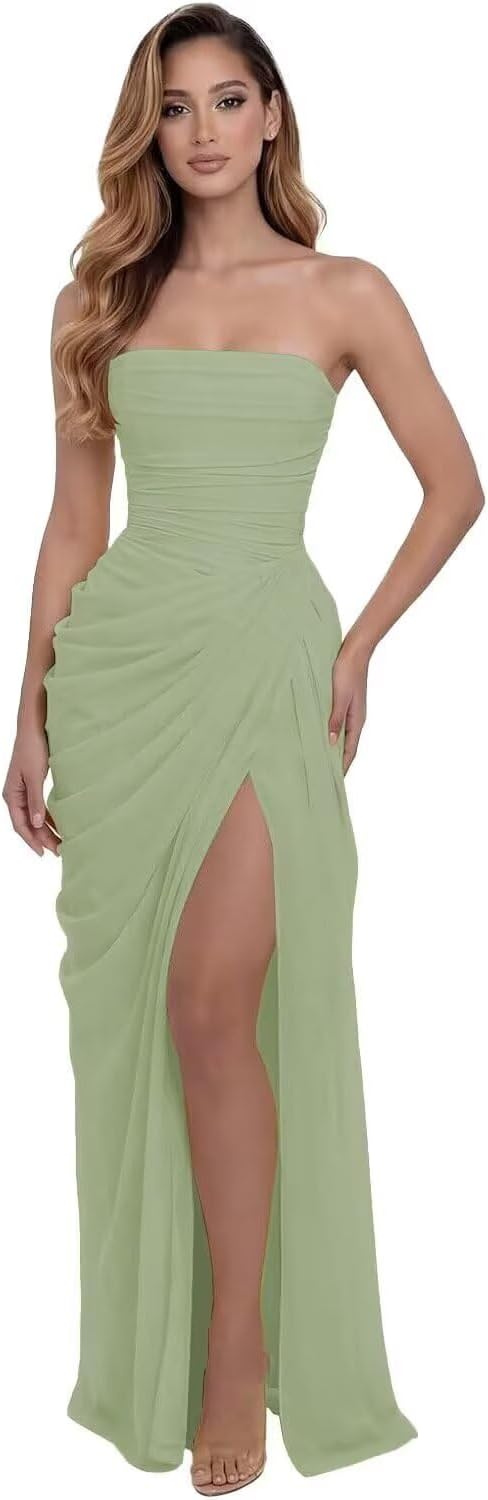 Strapless Corset Bridesmaid Dresses for Women 2026 Chiffon Sleeveless Pleated Long Mermaid Evening Gowns with Slit