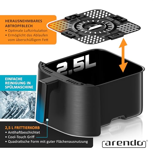 Arendo – Heißluftfritteuse klein - 2,5 Liter - Airfryer – 60 bis 200 ° C – Timer – Warmhaltefunktion – individuelle Temperatureinstellung – 5 Automatikprogramme – für kompakte Küchen – Bild 4