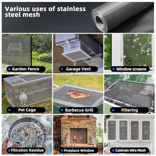 Image of 40 Mesh 304 Stainless Steel Mesh Screen, 24'' x 118''(60cmx300cm) Wire Screen Mesh, Rust Free Woven Wire Mesh, Metal Mesh Screen for Air Vents, Window Screen, Filters, Cage,Garden Covers