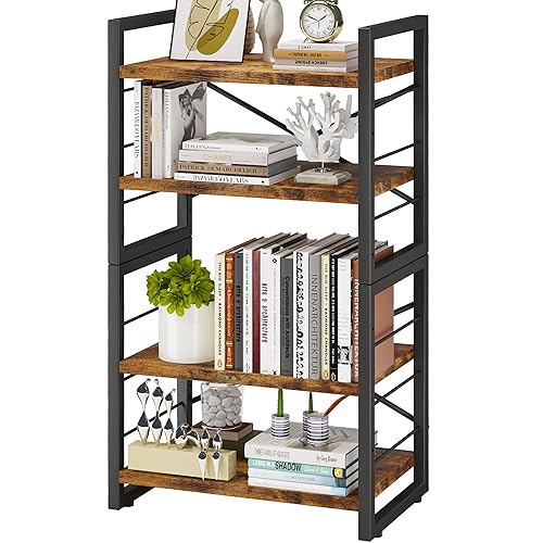 Homeiju Bookshelf, Dorm Desk Hutch, Desk Shelf Organizer, 4 Tier Stackable Bookcase, Adjustable Industrial Book Shelf Storage Organizer for Desktop, Living Room, Bedroom, Office,Rustic Black and Brown by Homeiju - Used condition - US$42.74