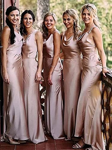 Women's Satin Prom Gown Spaghetti Strap With Train Mermaid Cowl Neck Wedding Dress Slip Bridesmaid Dresses Dusty Rose #TOP7