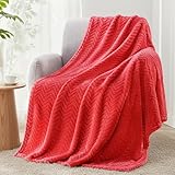 Exclusivo Mezcla Soft Fleece Throw Blanket for Couch, Cozy Lightweight Blankets with Decorative Wave Textured Suitable for All Season Use, Red, 50x70 Inches