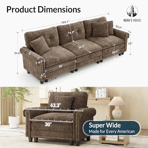 Image of HERA'S HOUSE 103.1 inch Modular Sectional Couch for Living Room Deep Seats | Mid-Century Modern 3-Seater Cloud Sofa, Grayish Brown, Rolled Arms & Nailhead Trim, Wider & Deeper Seats, Soft Chenille