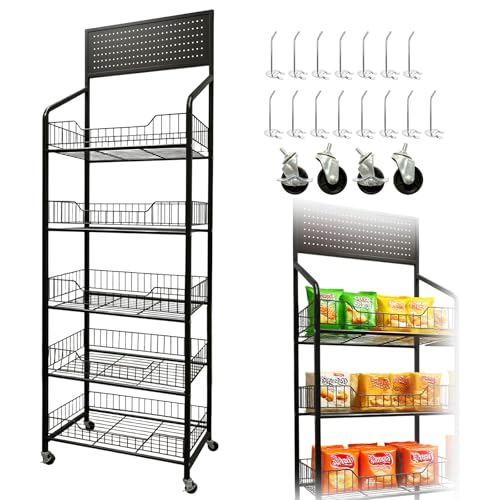 5 Tier Retail Candy Display Rack Metal Storage Shelf with Wheels & 15 Hooks Concession Candy Snack Display Racks Sturdy and Stable Chip Shelf Rack for Stores, Kitchen, Office (5 Tier Black 50cm)