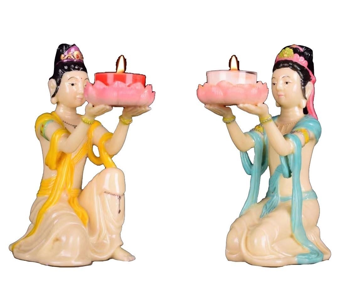 Candle Holder,Temples Stand,Resin Maid Fairy Butter Lamp Long for Buddha and Lotus Lantern