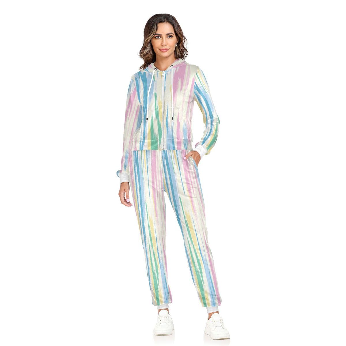 Conjunto deportivo de 2 piezas para mujer, diseño abstracto a rayas, de manga larga, con patrones de pintura de acuarela