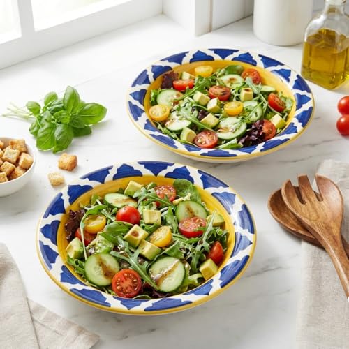 Image of Ceramic Pasta Bowls Set of 2 | 7 Inch Handmade Deep Soup Plates | Microwave Oven Safe Serving Bowls | Floral Hand-Painted Stoneware Salad Bowls (2, Yellow & Blue)