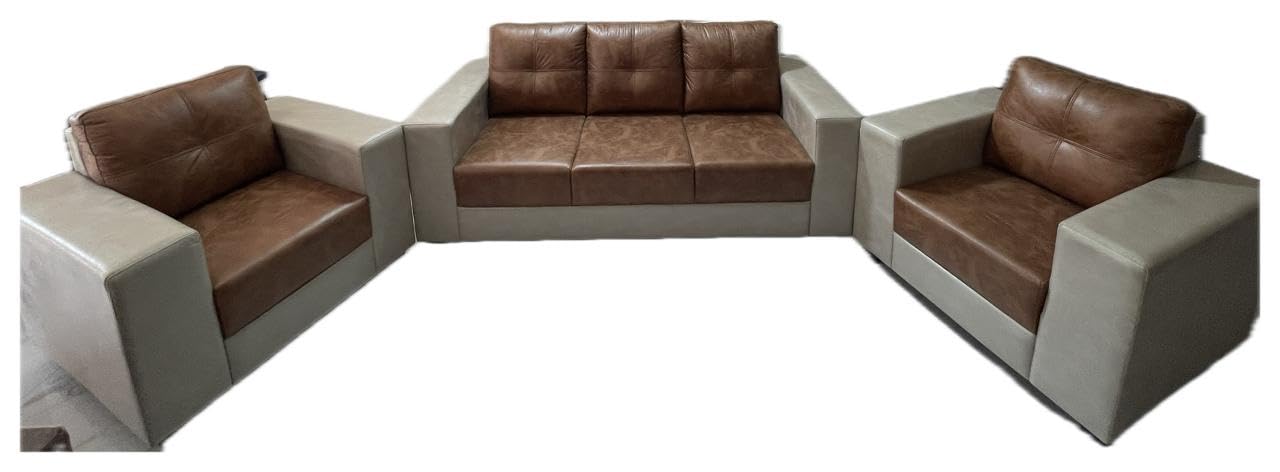 3-Piece Living Room Sofa Set, Brown and Grey Faux Leather, Modern Design-image-21