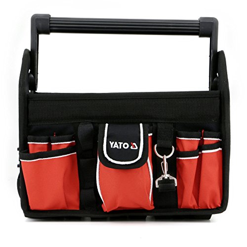 Yato - Bolsa para herramientas con 17 compartimentos (33,5 x 21 x 28 cm, mango de aluminio abierto, tamaño grande), color rojo y negro