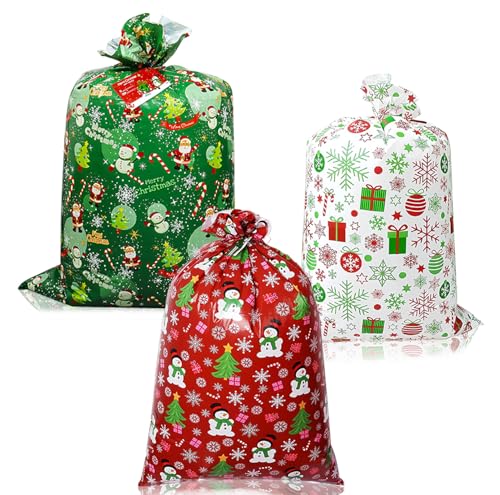 3 peças sacos de presente gigante de Natal, 36 x 56 polegadas sacos de plástico vermelho verde branco reutilizáveis super grande, sacos de Natal embalagem presentes para decoração festa de Natal