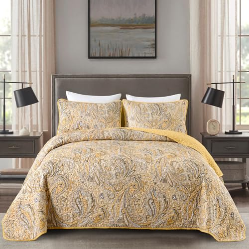 DJY Yellow Paisley Quilt Set Queen Size, Boho...