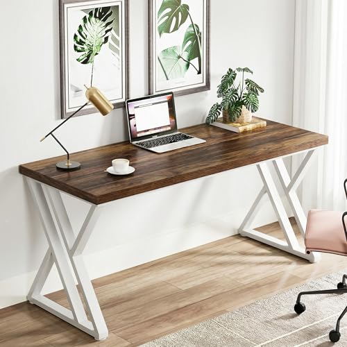 Image of Tribesigns Modern Walnut /White 55 inch Heavy Duty Computer Desk, Study & Work Desk, 23.6 inchD x 55.1 inchW x 29.5 inchH, Z-Shaped Metal Legs, 330 lbs Capacity