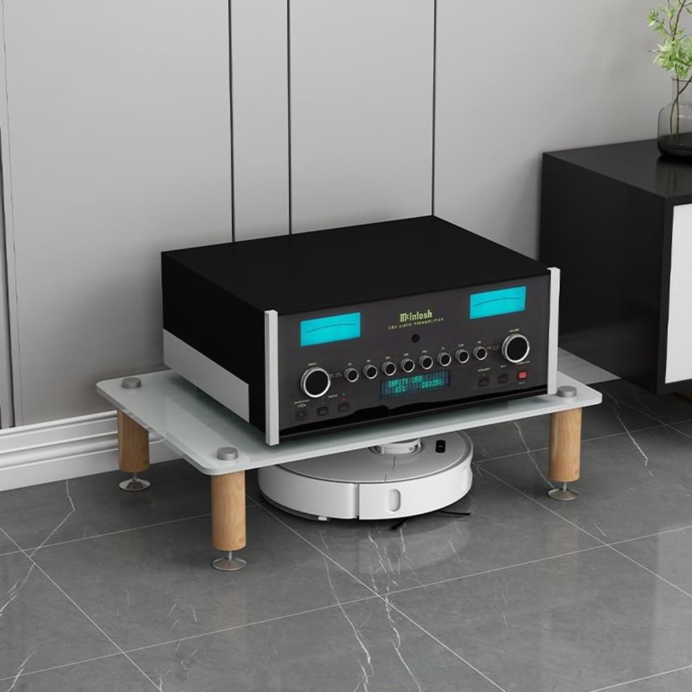Szafka audio HiFi 3/4 Poziomy z półkami ze szkła hartowanego i amortyzowanymi nogami z litego drewna (biały, 1 poziom)