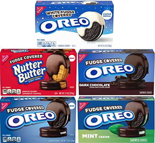 Fudge Covered Oreo Variety Pack of 5 boxes: Nabisco Fudge Covered Oreo, Fudge Covered Nutter Butter, Dark Chocolate Oreo and Oreo Fudge Covered Mint Creme Chocolate Oreo
