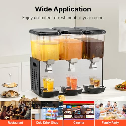 Image of VEVOR Commercial Beverage Dispenser, 3 Tanks Juice Dispenser, 18 L / 19 QT Per Tank, 512W Stainless Steel Ice Tea Drink Machine with 45℉ to 54℉ Cooling Temp, for Cold Drink Restaurant Bar Party