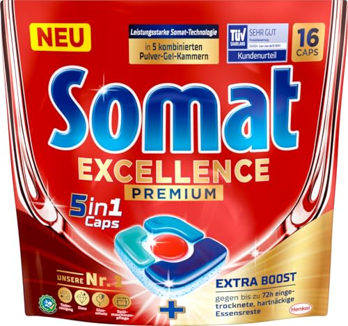Somat Excellence Premium 5 en 1 Caps (16 Caps), pastillas para lavavajillas de liberación rápida...