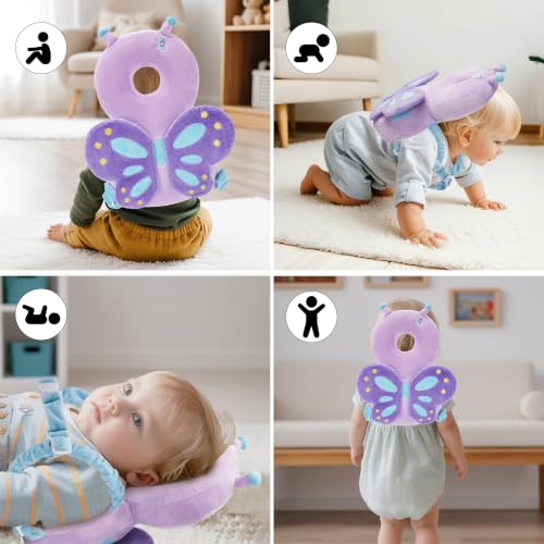 Image of Baby Head Back Protector Backpack Toddler Safety Protector Cushion Pad Soft, Adjustable and Lightweight Design for Safe Walking and Crawling Toddlers Girls and Boys(Purple Butterfly)