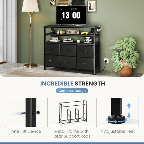 Image of DUMOS TV Stand for Up to 45 inch TV, Entertainment Center with Remote or App-Controlled LED Lights & Charging Station, Media Console Table with 6 Fabric Drawers, 2 Shelves for Living Room, Ink