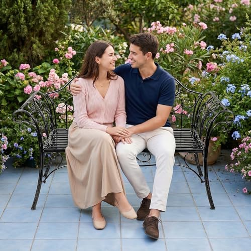 HLC ガーデンベンチ アウトドアメタル ベンチ ベランダ ベンチダブルベンチヨーロッパ風ベンチ バルコニー ポーチ 庭 屋内／屋外 パティオ 2～3人の着席に適しています 最大耐荷重180KG 2枚目