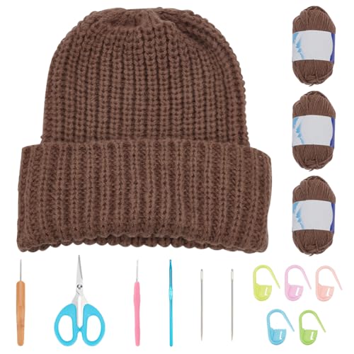 FREEBLOSS 2 Set Crochet Hat Kit Crochet Starter Kit Crochet Kit with Video Tutorial Brown Beanie Winter Hat Crochet Kit for Beginners Adults Handmade Crochet Gift