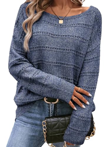 Image of SHEWIN Women's Sweaters Crew Neck Crochet Sweater Lightweight Knit Long Sleeve Tops Shirts Loose Fit Spring 2026