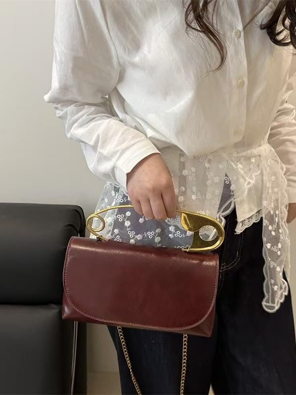 Women's Unique Safety Pin Crossbody Purse Leather Clutch Bag With Gold Handles Chain4