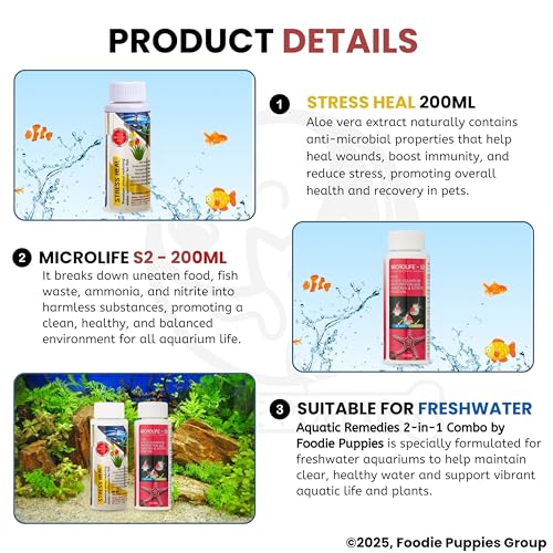 Image of Foodie Puppies Aquatic Remedies 2-in-1 Aquarium Medicine Combo - (Microlife S2 + Stress Heal, 200ml Each) | Anti-Bacterial Effective Fish Skin Treatment for Fresh Water
