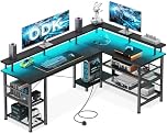 ODK L Shaped Gaming Desk with LED Lights & Power Outlets, 150×102cm Reversible Corner Desk with Storage Shelves, Computer Desks with Monitor Stand, Black